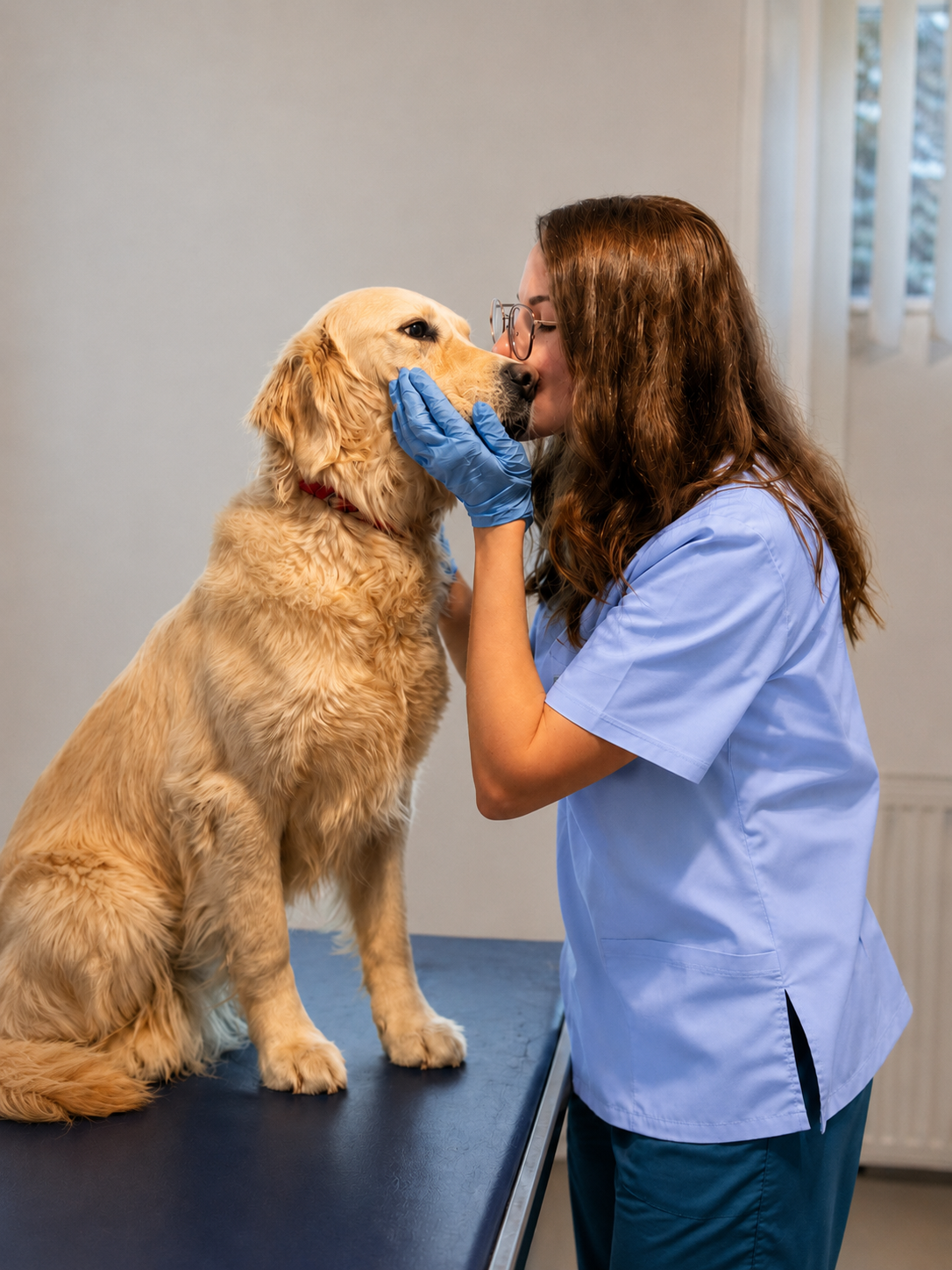 Medic veterinar MuffyVet alături de un câine în cabinet